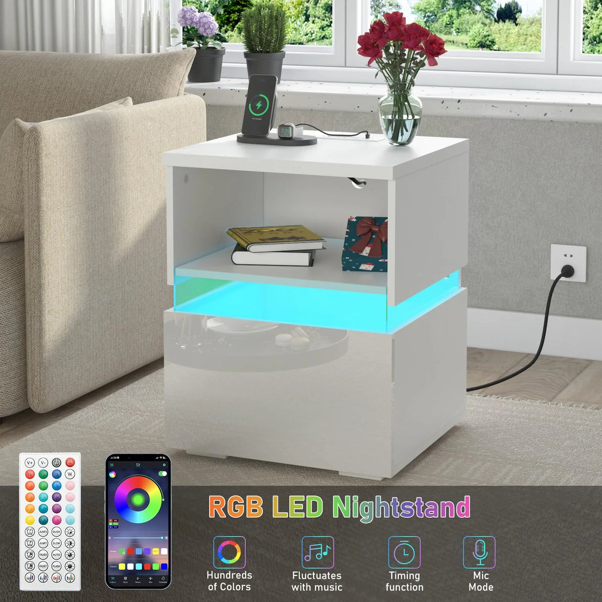 Black High Gloss Nightstand Set of 2 with Charging Station G43587