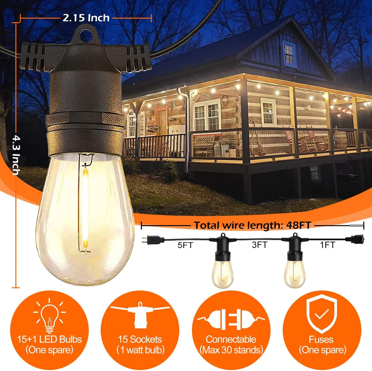 2-Pack 48FT Dimmable Shatterproof Waterproof Outdoor String Lights X381