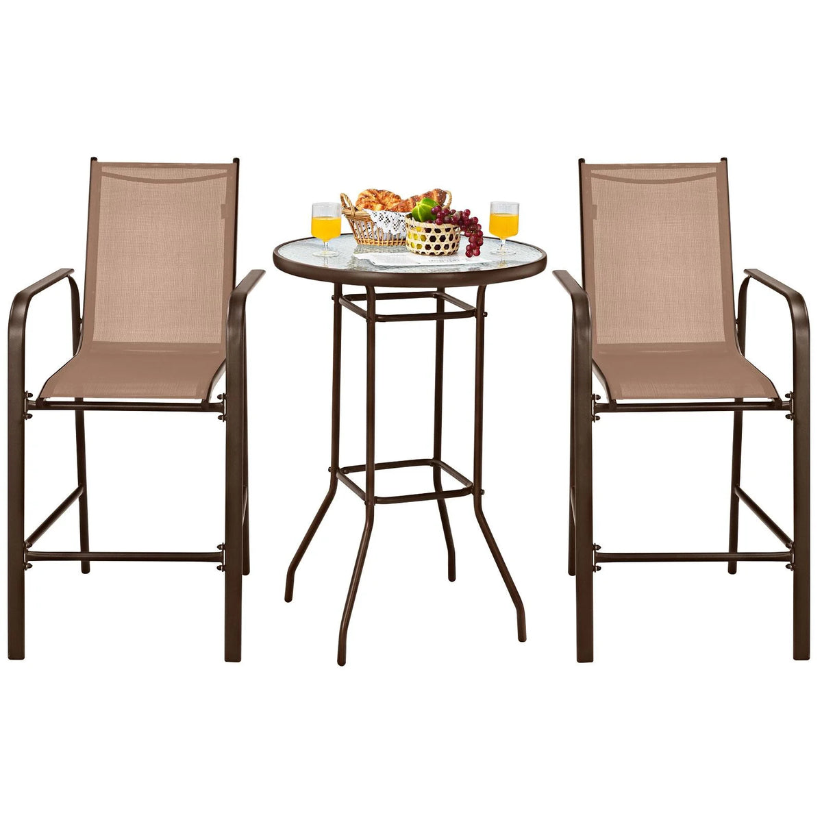 3 Pieces Outdoor Patio Bar Set with 2 Bar Stools and Tempered Glass Bar Table, Black S6439