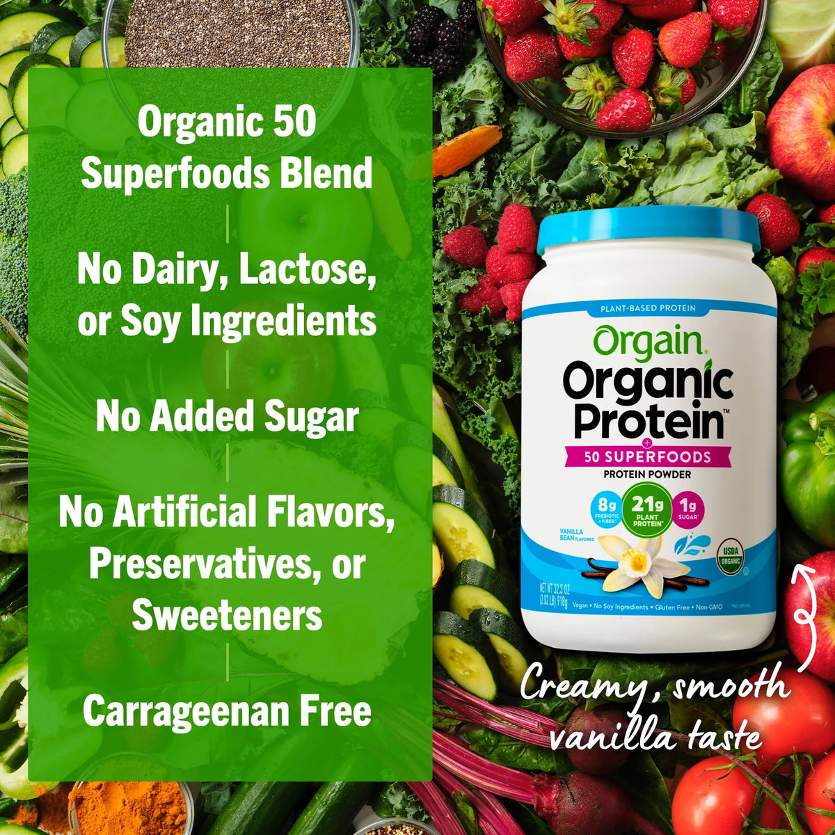 Organic Plant Based Protein Superfoods Powder Vanilla Bean 2.02 lb E2498