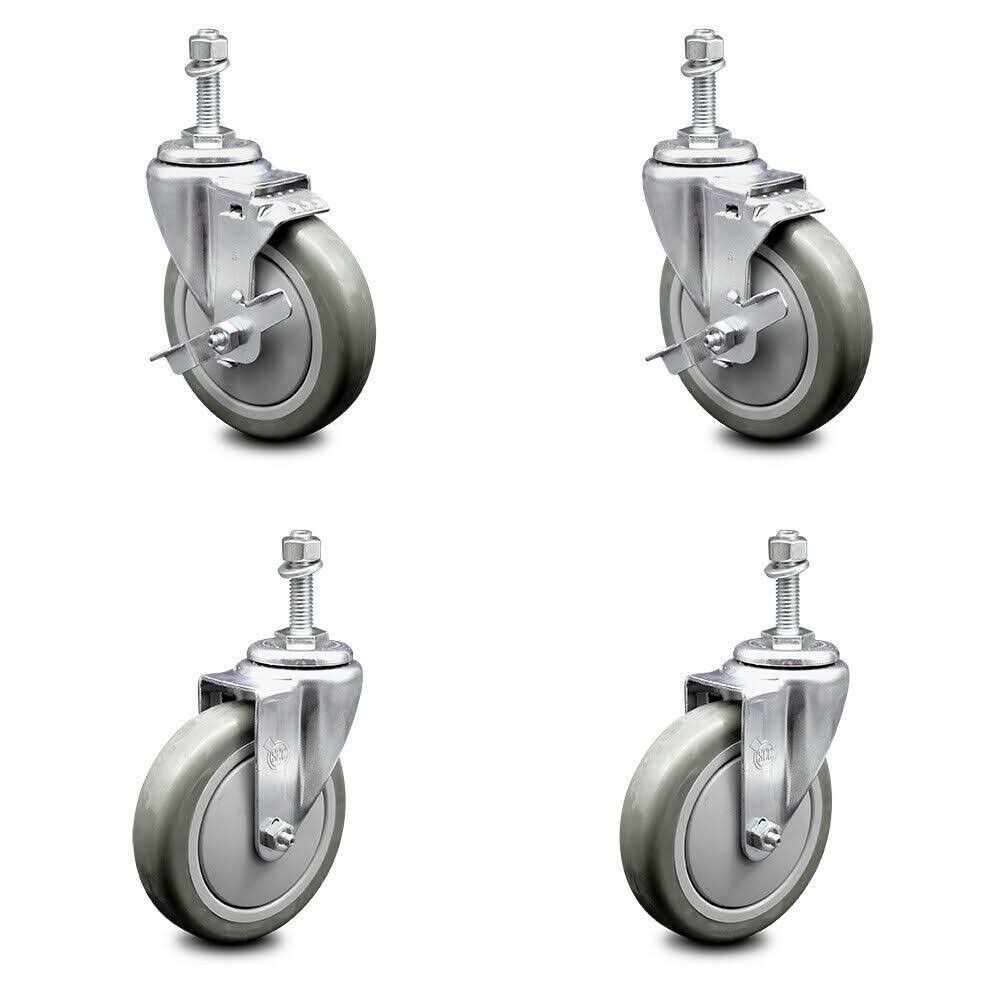 Polyurethane Swivel Threaded Stem Caster Set of 4, 5 inch Gray Wheels K119
