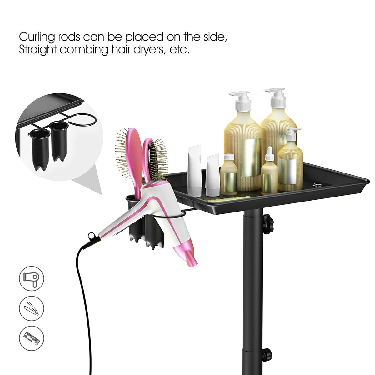 Rolling Salon Tray with 2 Cups and Metal Loop, Adjustable Height, Black K687
