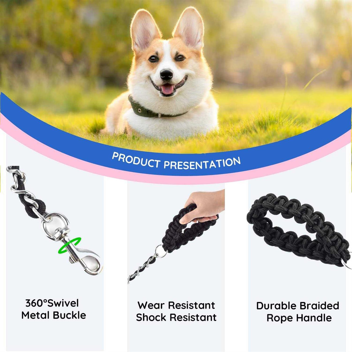 Chew Proof 5.5ft Heavy Duty Dog Leash Metal Chain Lead with Soft Rope Handle Q7259