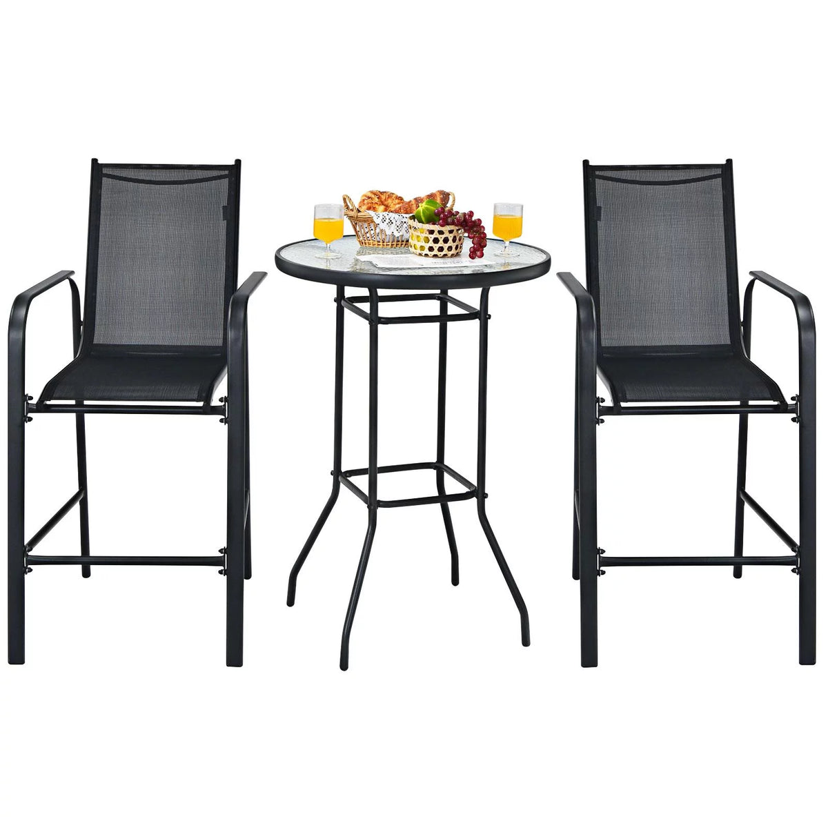 3 Pieces Outdoor Patio Bar Set with 2 Bar Stools and Tempered Glass Bar Table, Black S6439