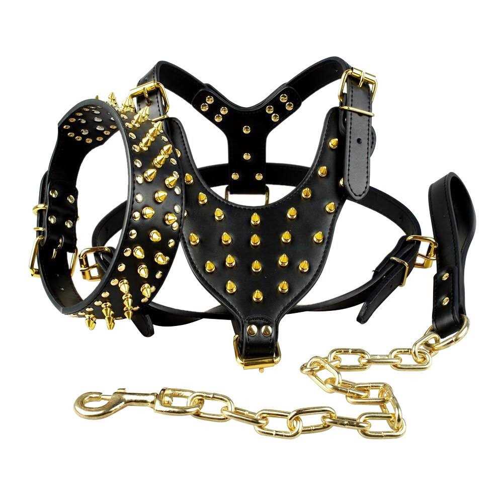 Black Leather Spiked Dog Collar & Leash & Harness 3 Pcs Set L26802