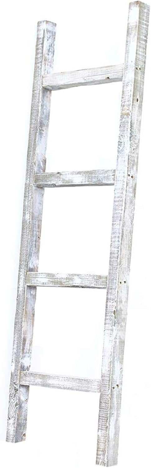 4 ft White Wash Reclaimed Wood Decorative Ladder U180