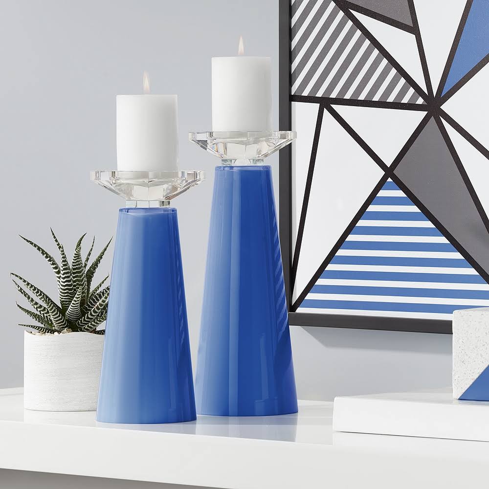 Blue Glass Pillar Candle Holder Set of 2 N336