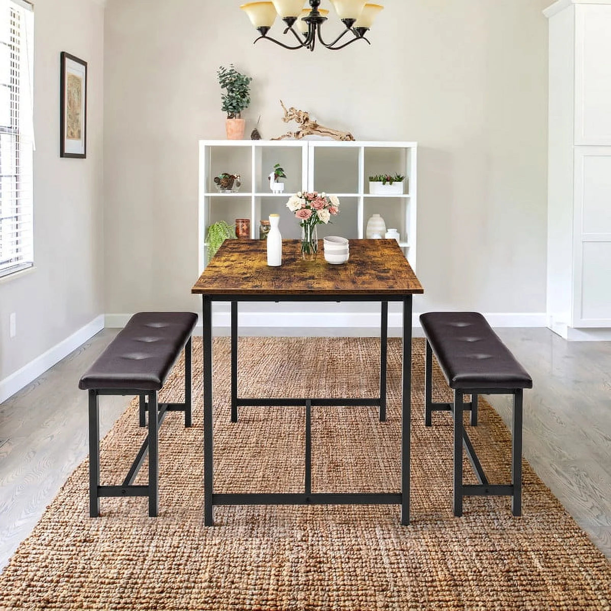 3 Piece Dining Table Set with Upholstered Benches C99257