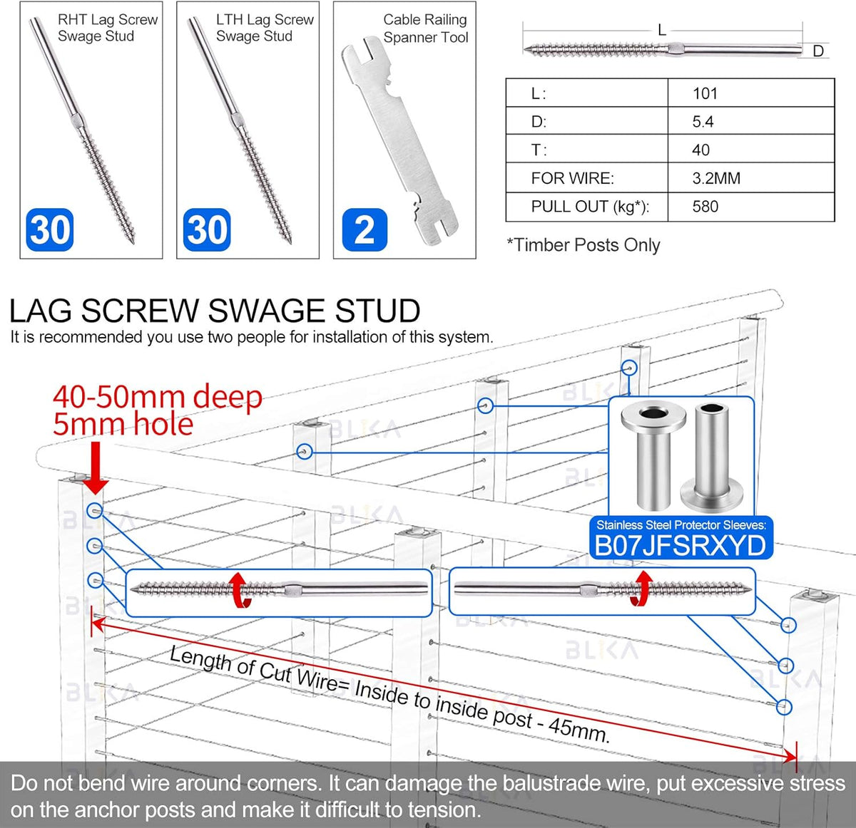 60 Pack T316 Stainless Steel Right&Left Handed Thread Swage Lag Screws C530