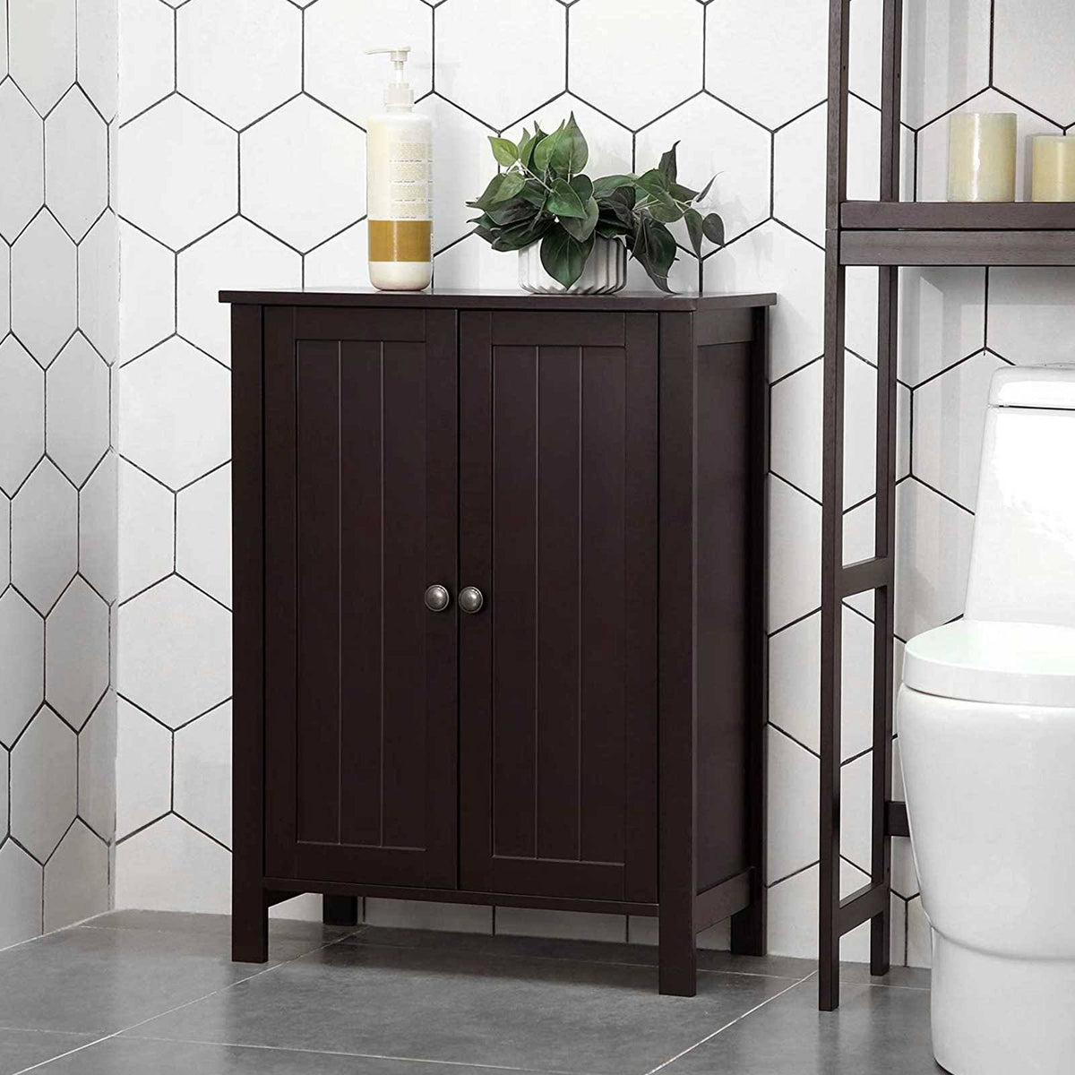 Brown Bathroom Floor Storage Cabinet with Double Door Adjustable Shelf Z35827