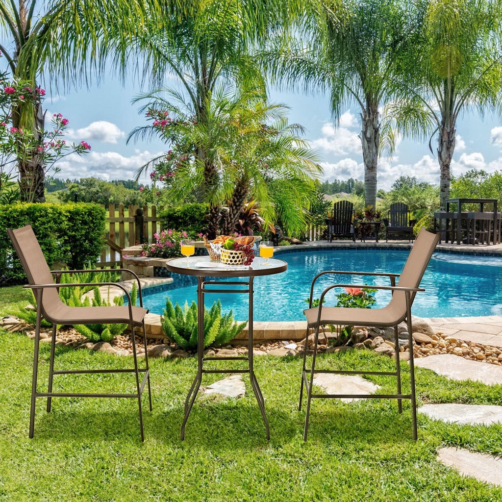 3 Pieces Outdoor Patio Bar Set with 2 Bar Stools and Tempered Glass Bar Table, Black S6439