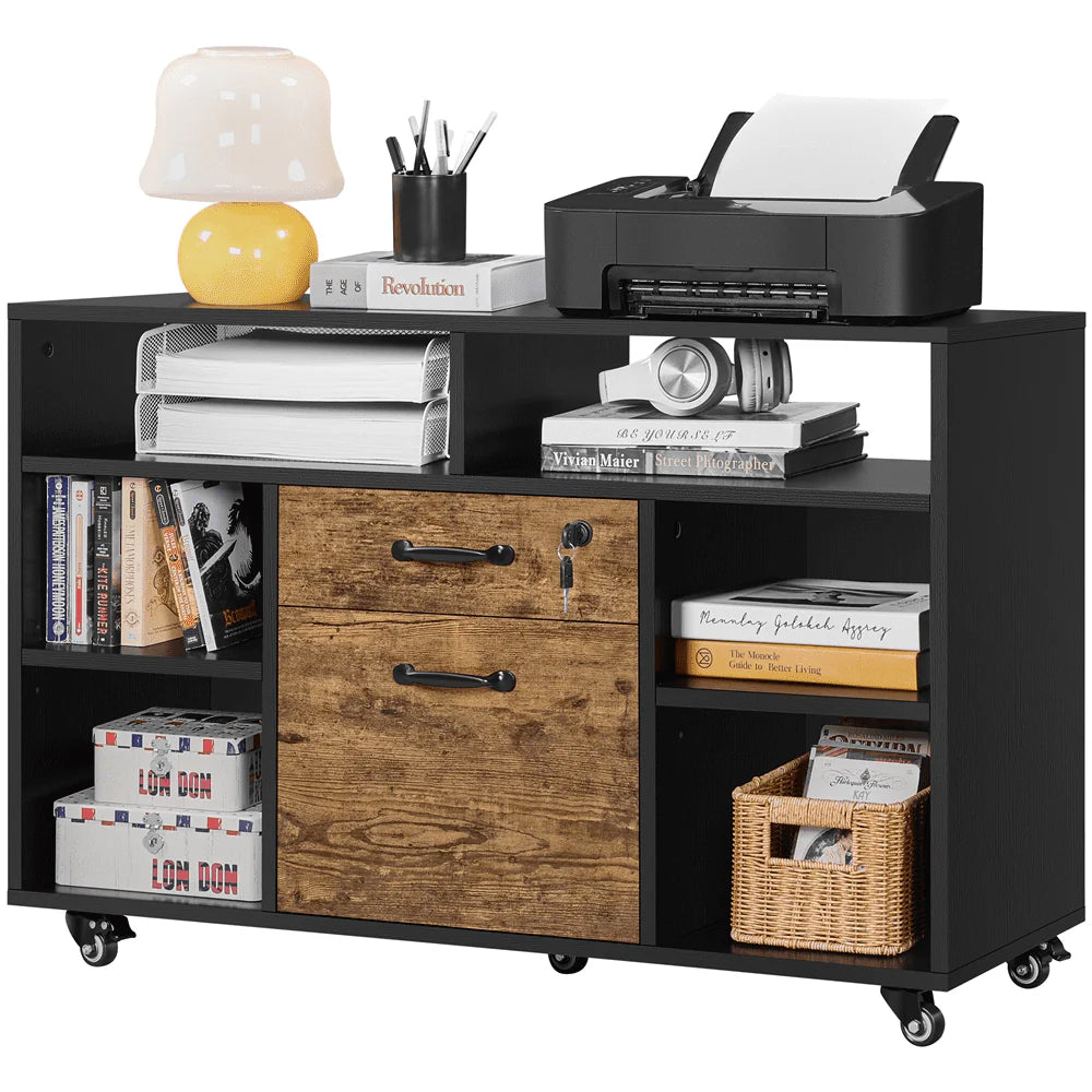 Black Rustic Brown Wooden Rolling File Cabinet with Lockable Drawer N61571