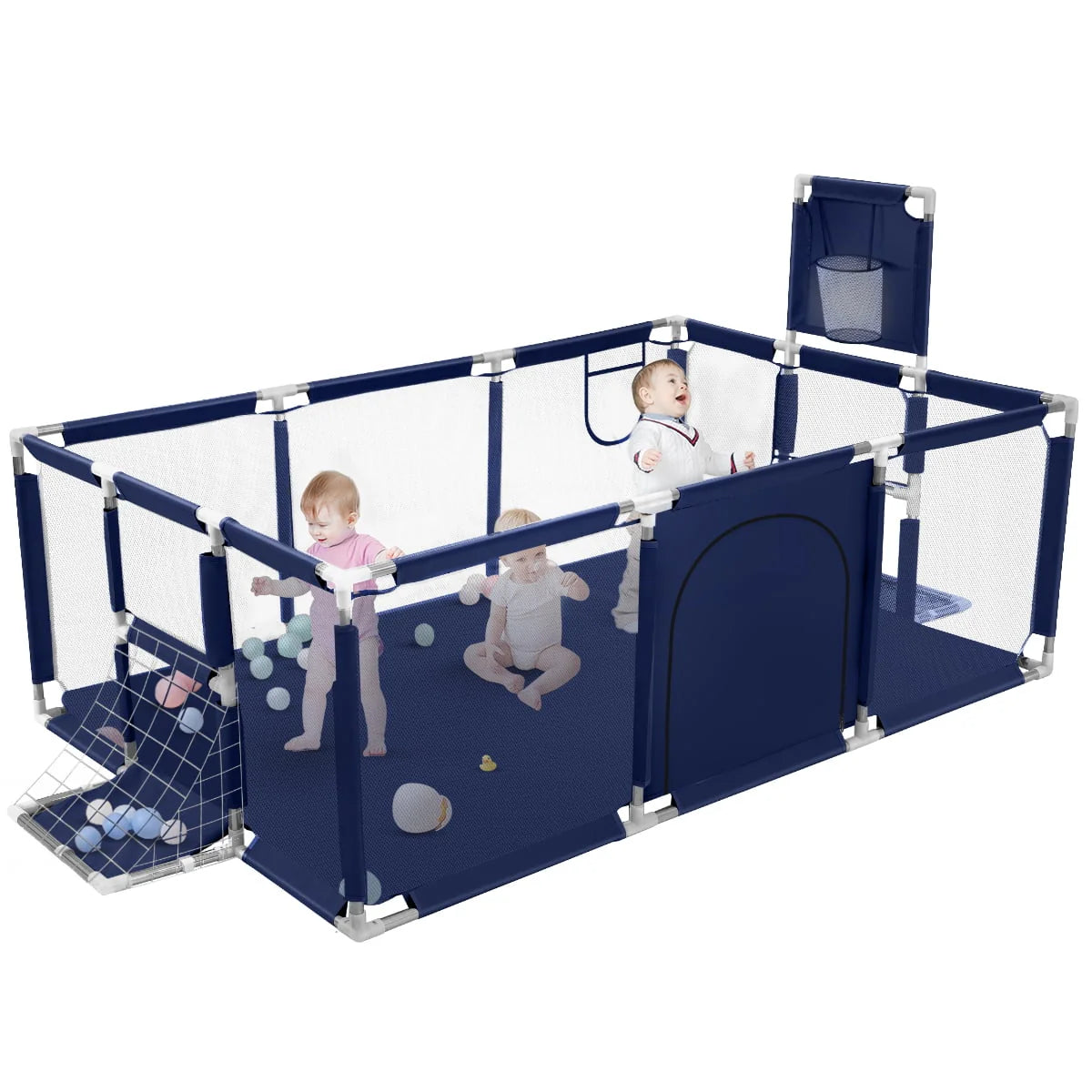 71 Inch Blue Baby Playpen with Basketball Hoop and Mesh J985