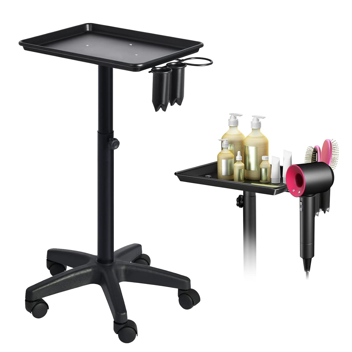 Rolling Salon Tray with 2 Cups and Metal Loop, Adjustable Height, Black K687