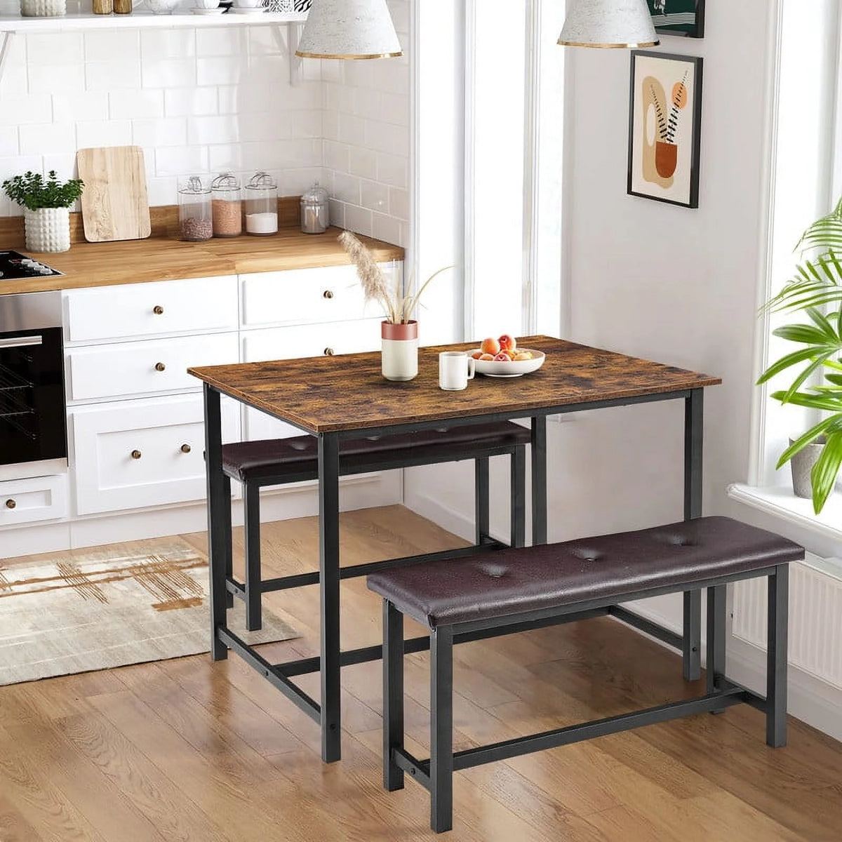 3 Piece Dining Table Set with Upholstered Benches C99257