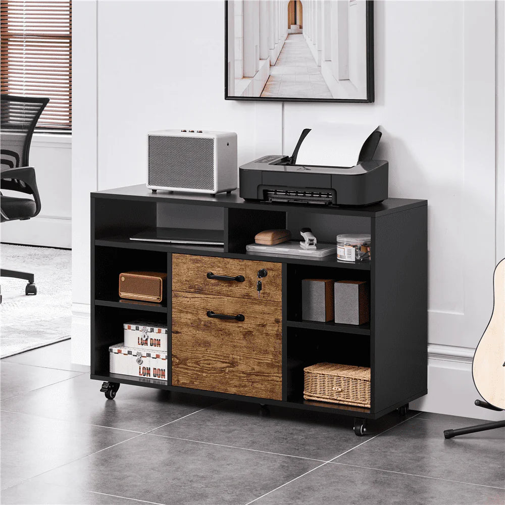 Black Rustic Brown Wooden Rolling File Cabinet with Lockable Drawer N61571