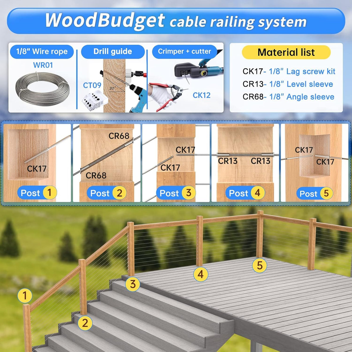 20 Pack 1/8 Swage Lag Screw Cable Railing Hardware Kit with 165 Feet Stainless Steel Wire Rope V21617