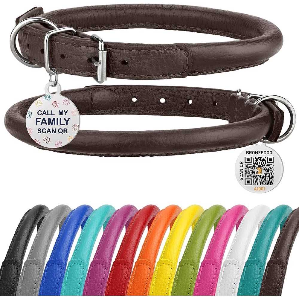 Rolled Leather Dog Collar with QR ID Dog Tag N256309