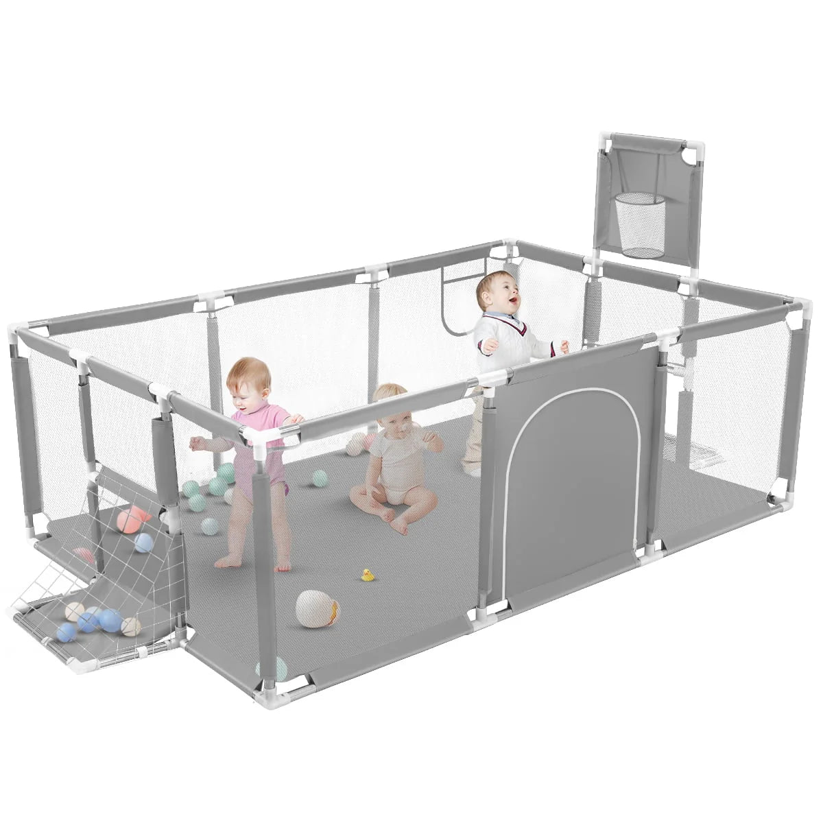 71 Inch Blue Baby Playpen with Basketball Hoop and Mesh J985