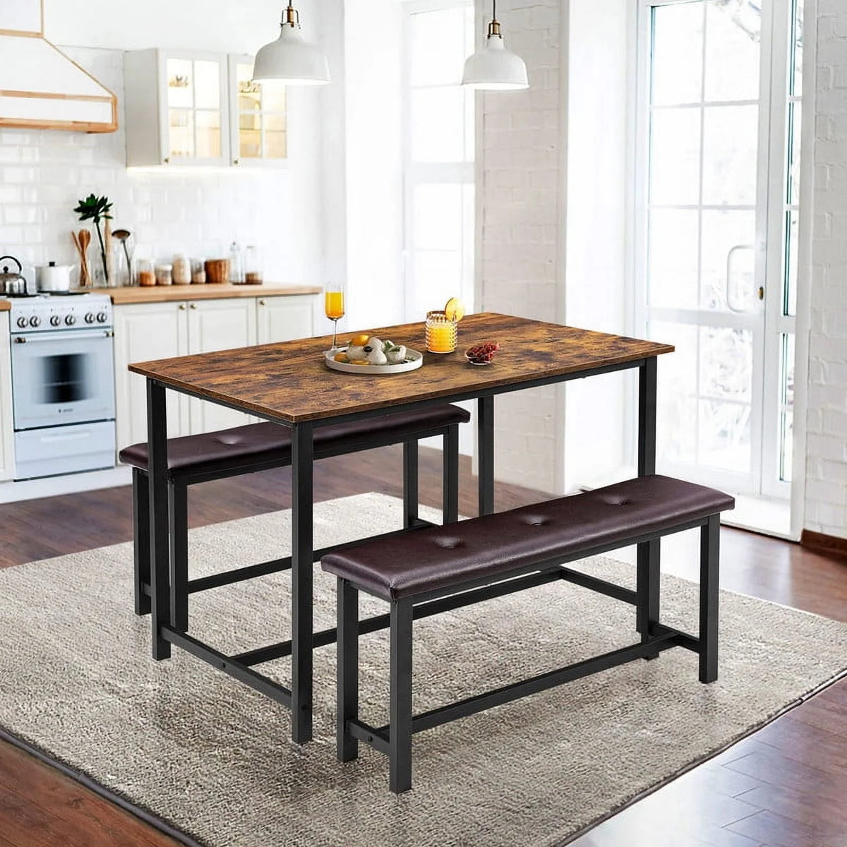 3 Piece Dining Table Set with Upholstered Benches C99257