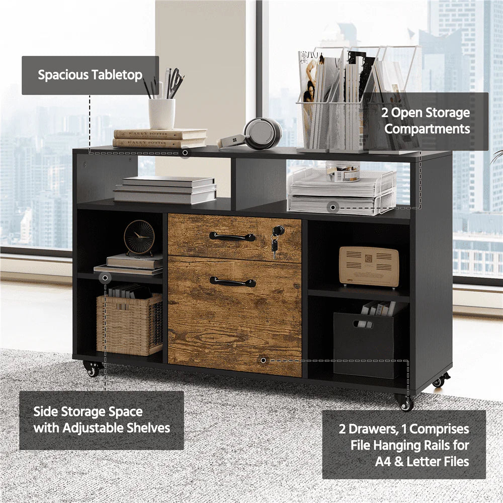 Black Rustic Brown Wooden Rolling File Cabinet with Lockable Drawer N61571