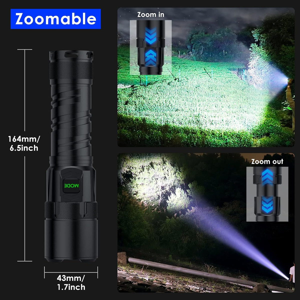Rechargeable LED Flashlight 100000 High Lumens 5 Modes Zoomable IPX6 Waterproof R9896