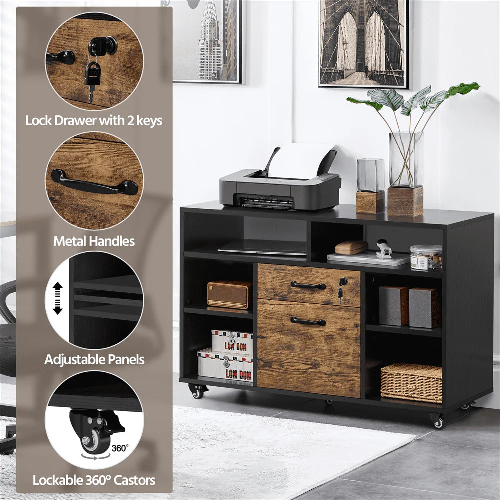 Black Rustic Brown Wooden Rolling File Cabinet with Lockable Drawer N61571