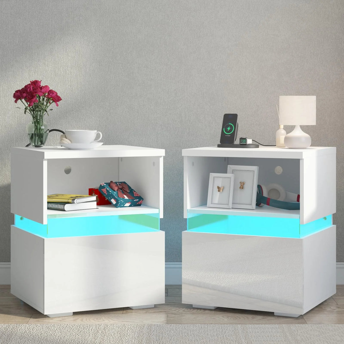 Black High Gloss Nightstand Set of 2 with Charging Station G43587