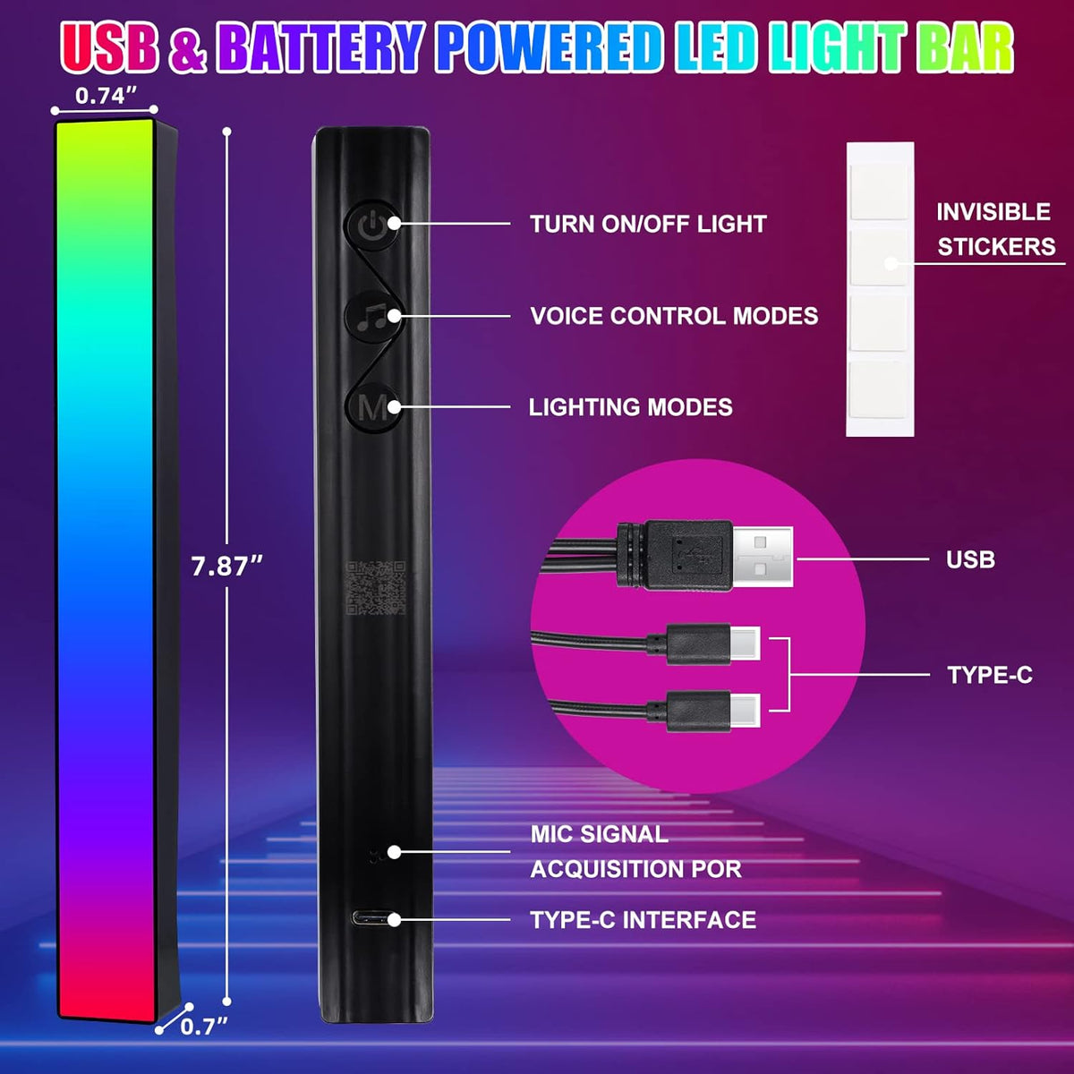 Battery Powered RGB Sound Control Rhythm Light Bar B6097