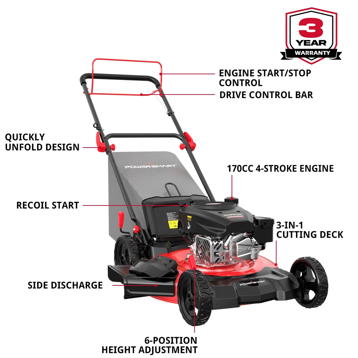 Gas Lawn Mower, 170cc Self-Propelled, 21 inches Cutting Blade M37334