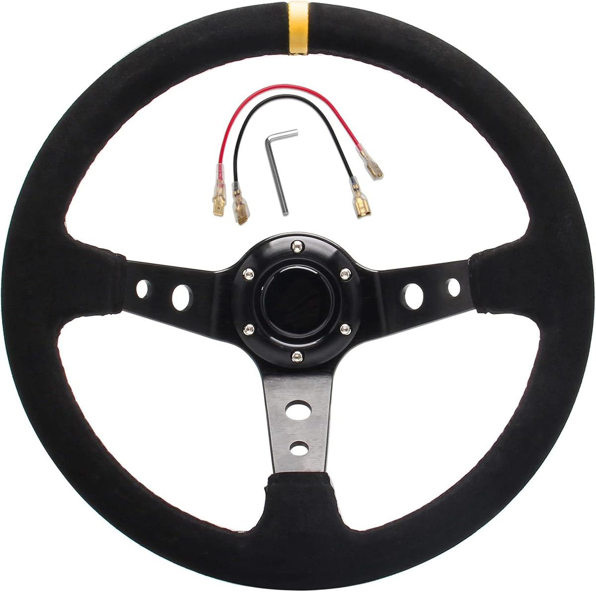 Universal Racing Steering Wheel Suede Deep Dish 350mm 6 Bolts with Horn Button W6281