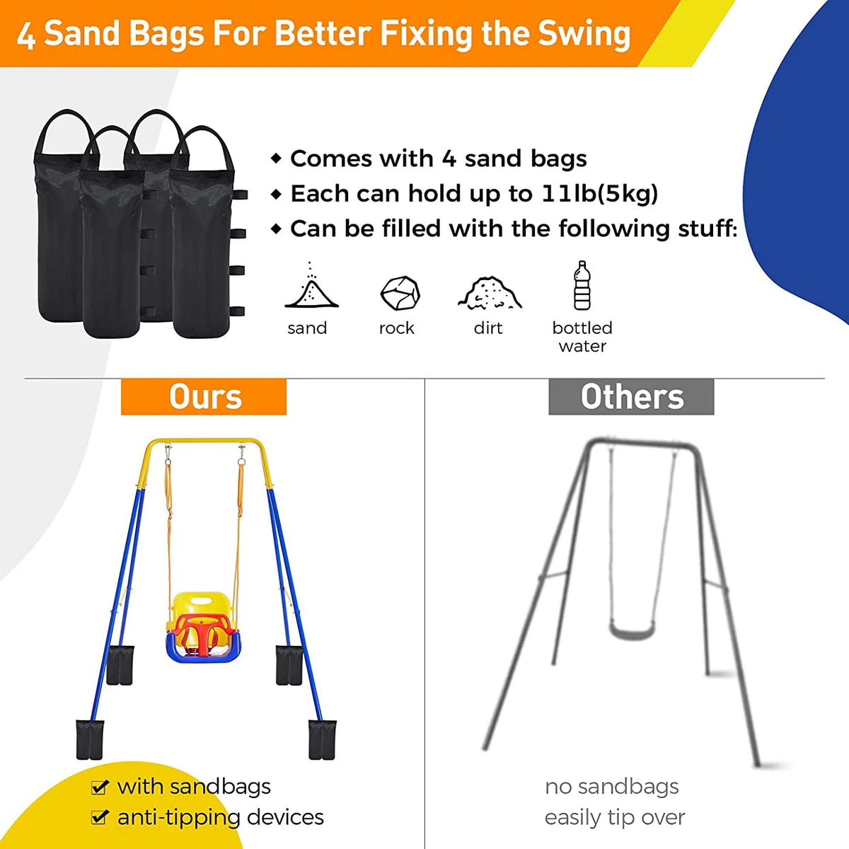 3 in 1 Toddler Swing Set with 4 Sandbags Q3890