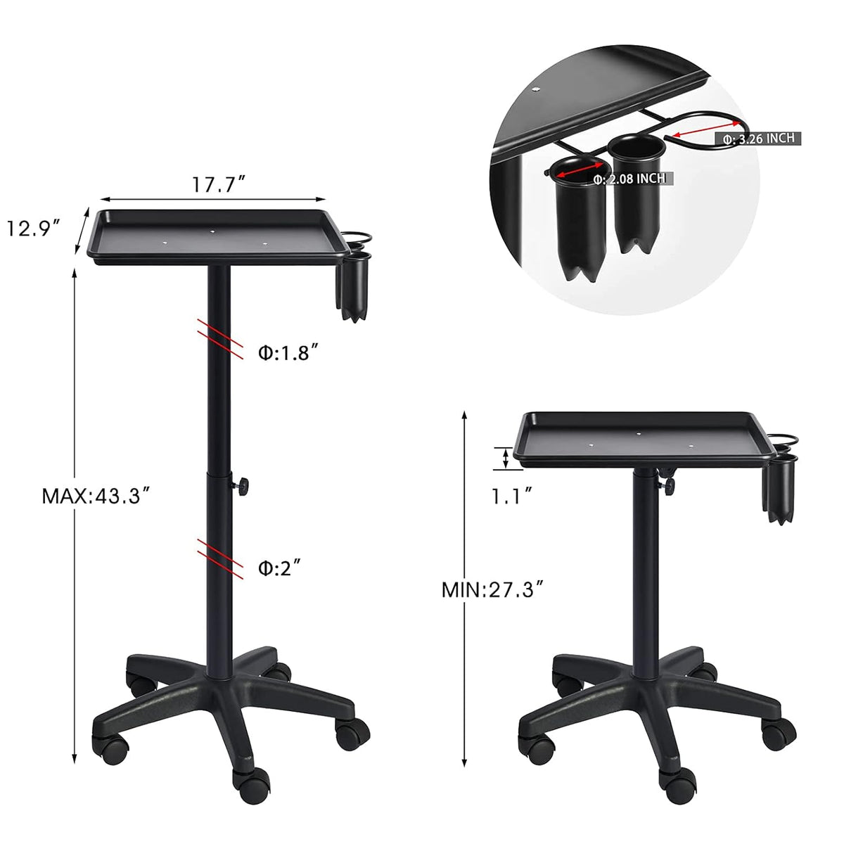 Rolling Salon Tray with 2 Cups and Metal Loop, Adjustable Height, Black K687