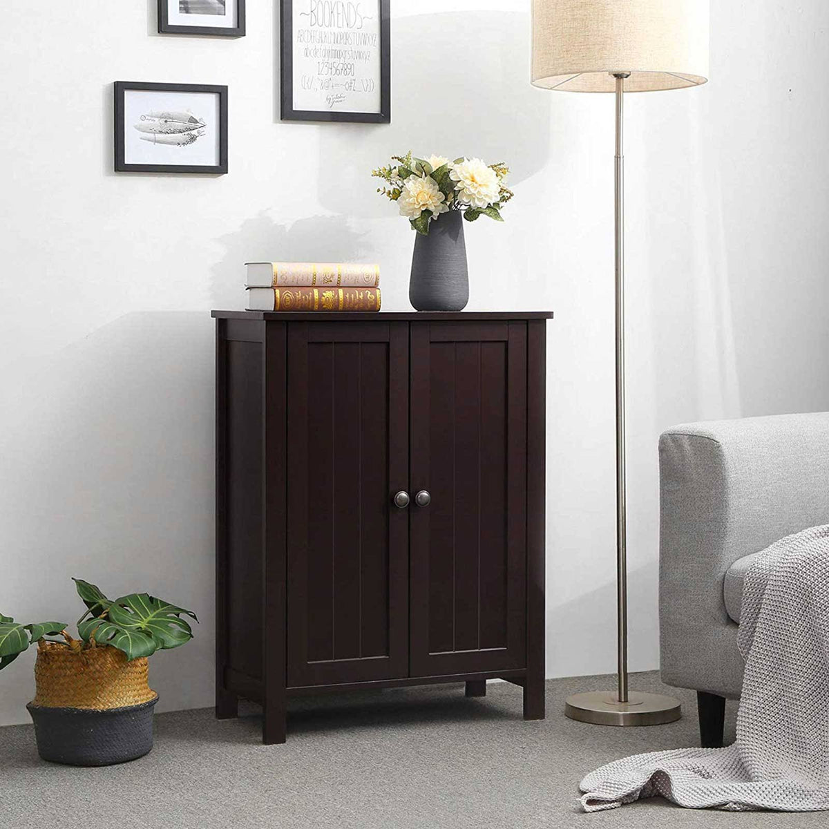 Brown Bathroom Floor Storage Cabinet with Double Door Adjustable Shelf Z35827