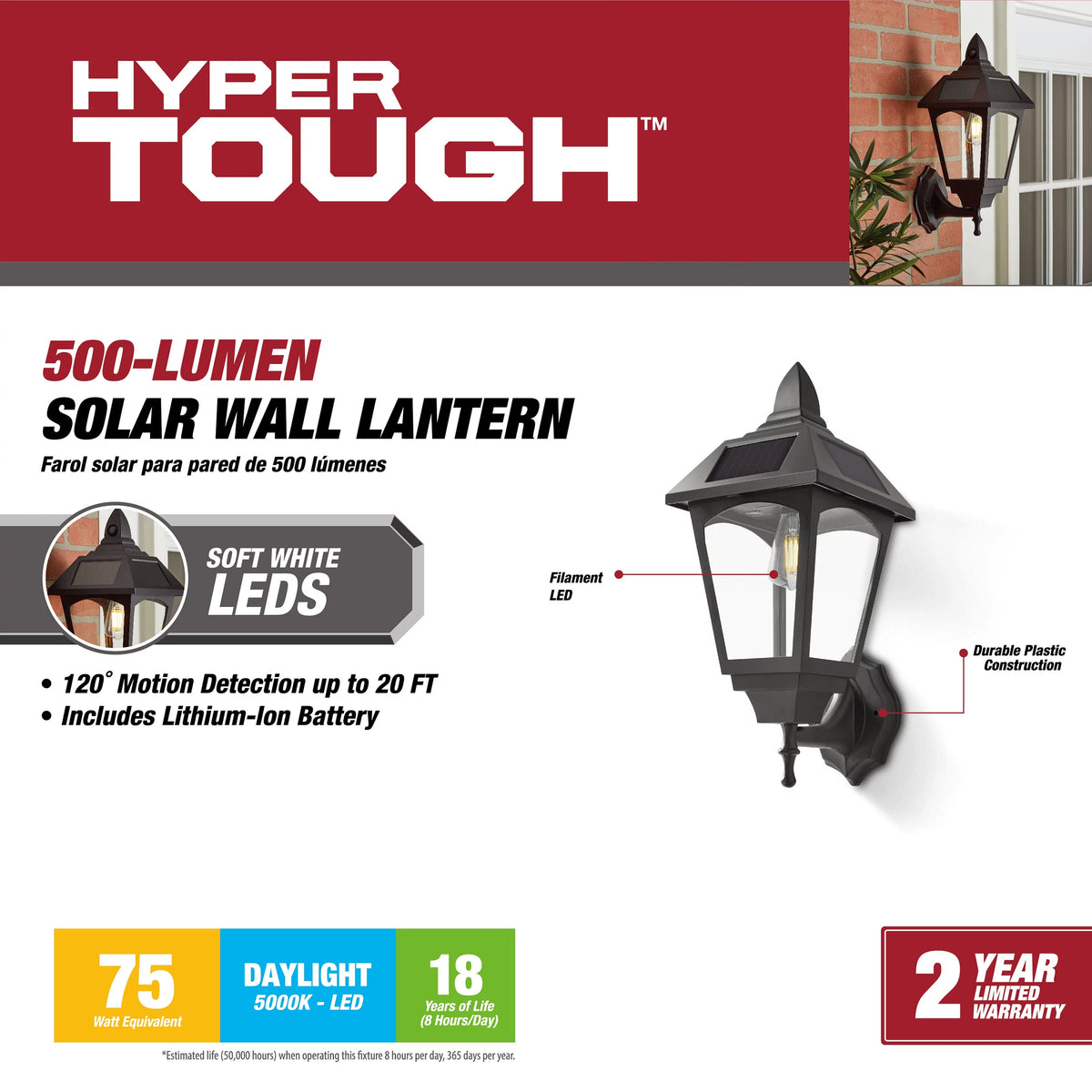 Motion Sensor Solar Wall Lantern with Filament Bulb, Black J78410