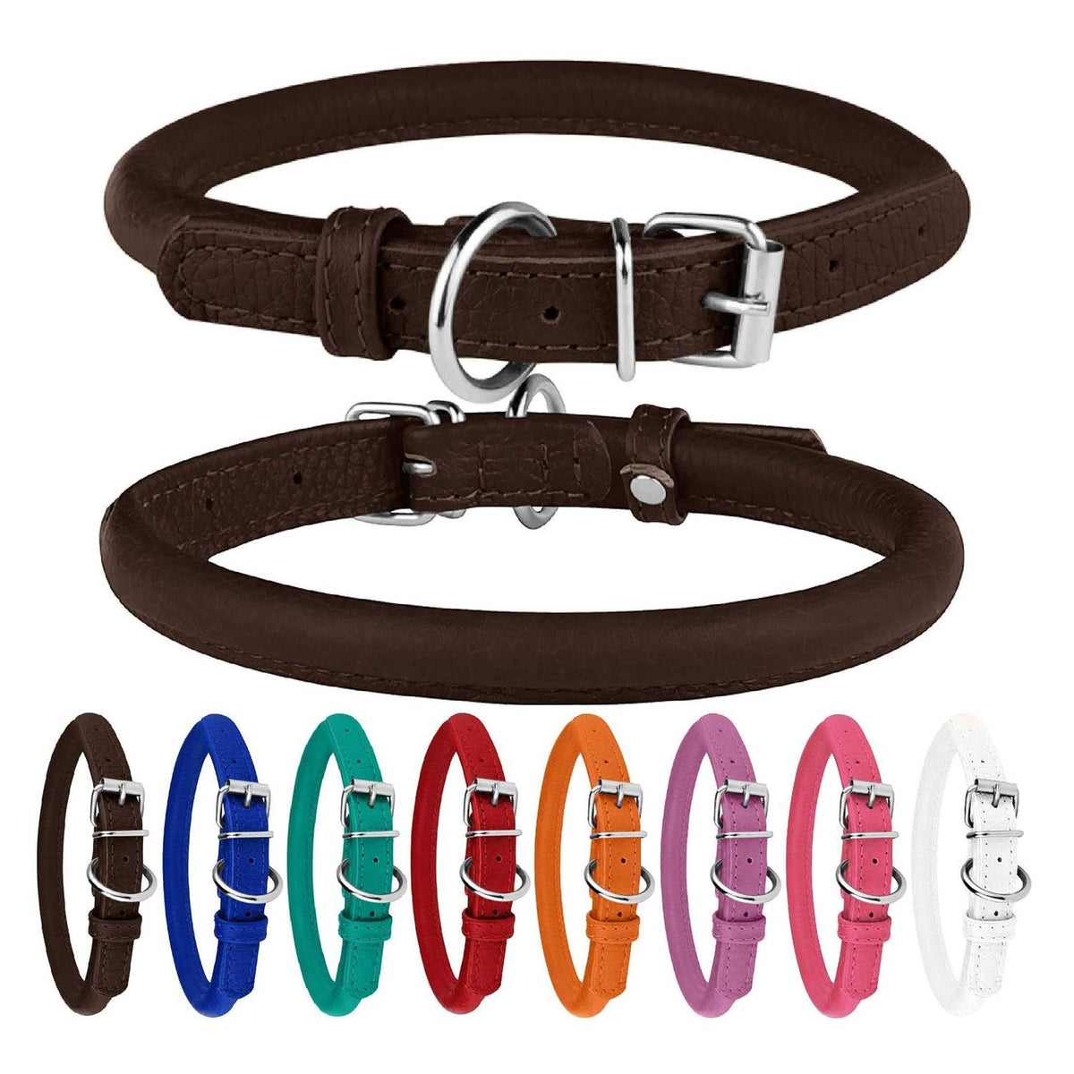 Rolled Leather Dog Collar with QR ID Dog Tag N256309