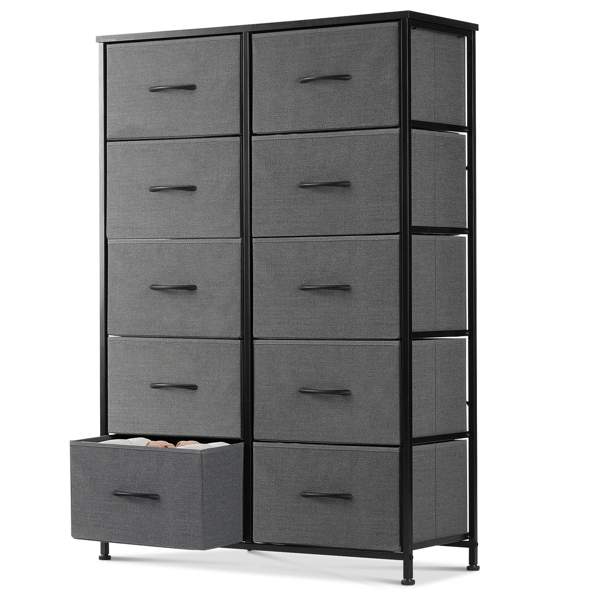 Black 5 Drawer Fabric Dresser with Wood Top F4595