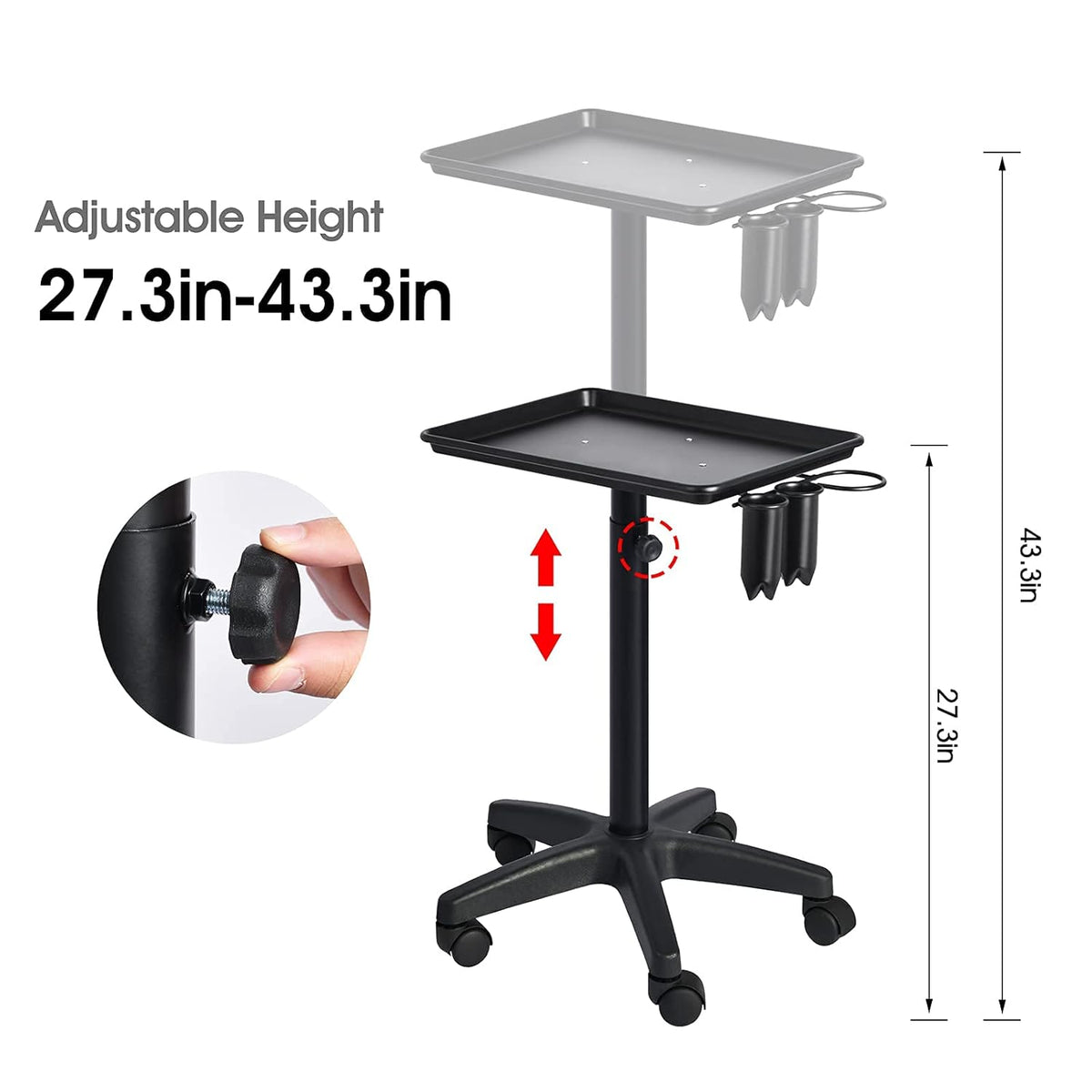 Rolling Salon Tray with 2 Cups and Metal Loop, Adjustable Height, Black K687