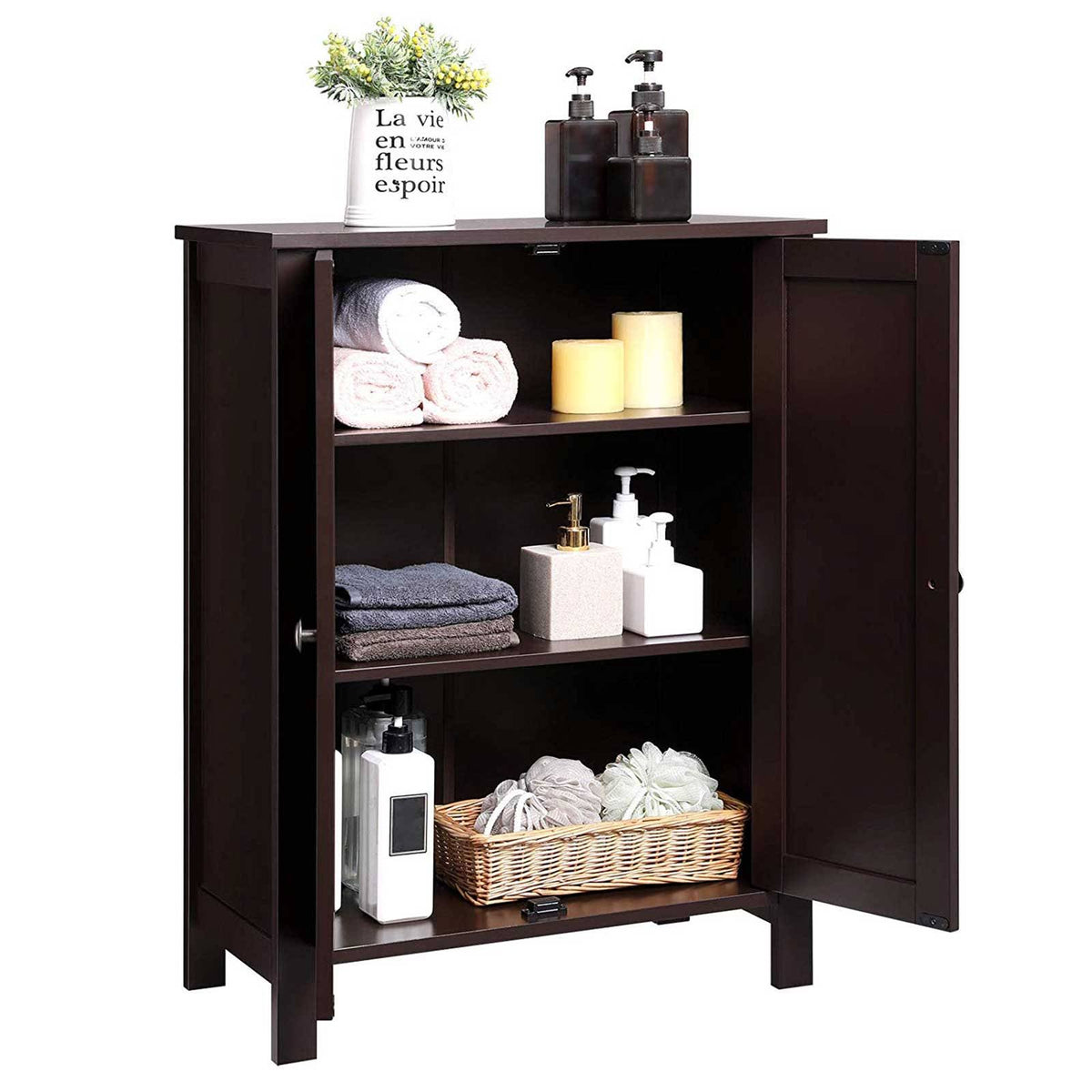 Brown Bathroom Floor Storage Cabinet with Double Door Adjustable Shelf Z35827