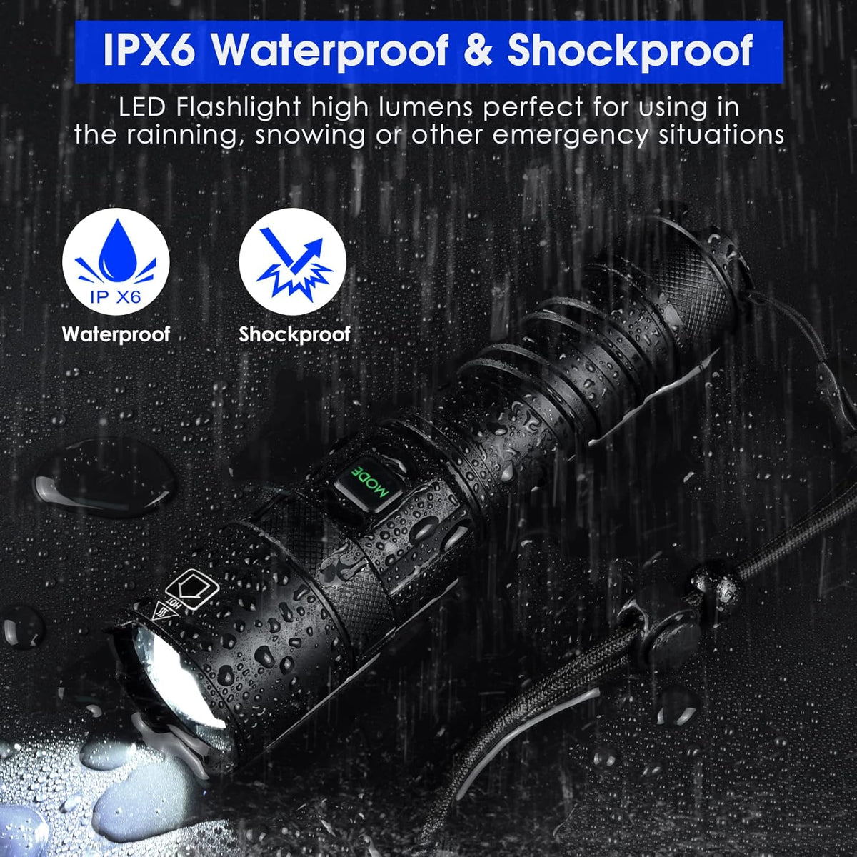 Rechargeable LED Flashlight 100000 High Lumens 5 Modes Zoomable IPX6 Waterproof R9896