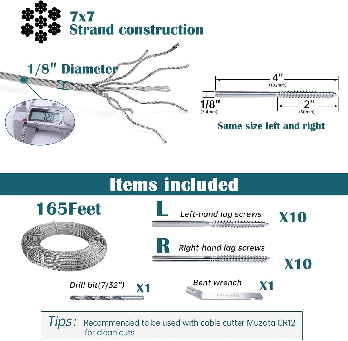 20 Pack 1/8 Swage Lag Screw Cable Railing Hardware Kit with 165 Feet Stainless Steel Wire Rope V21617
