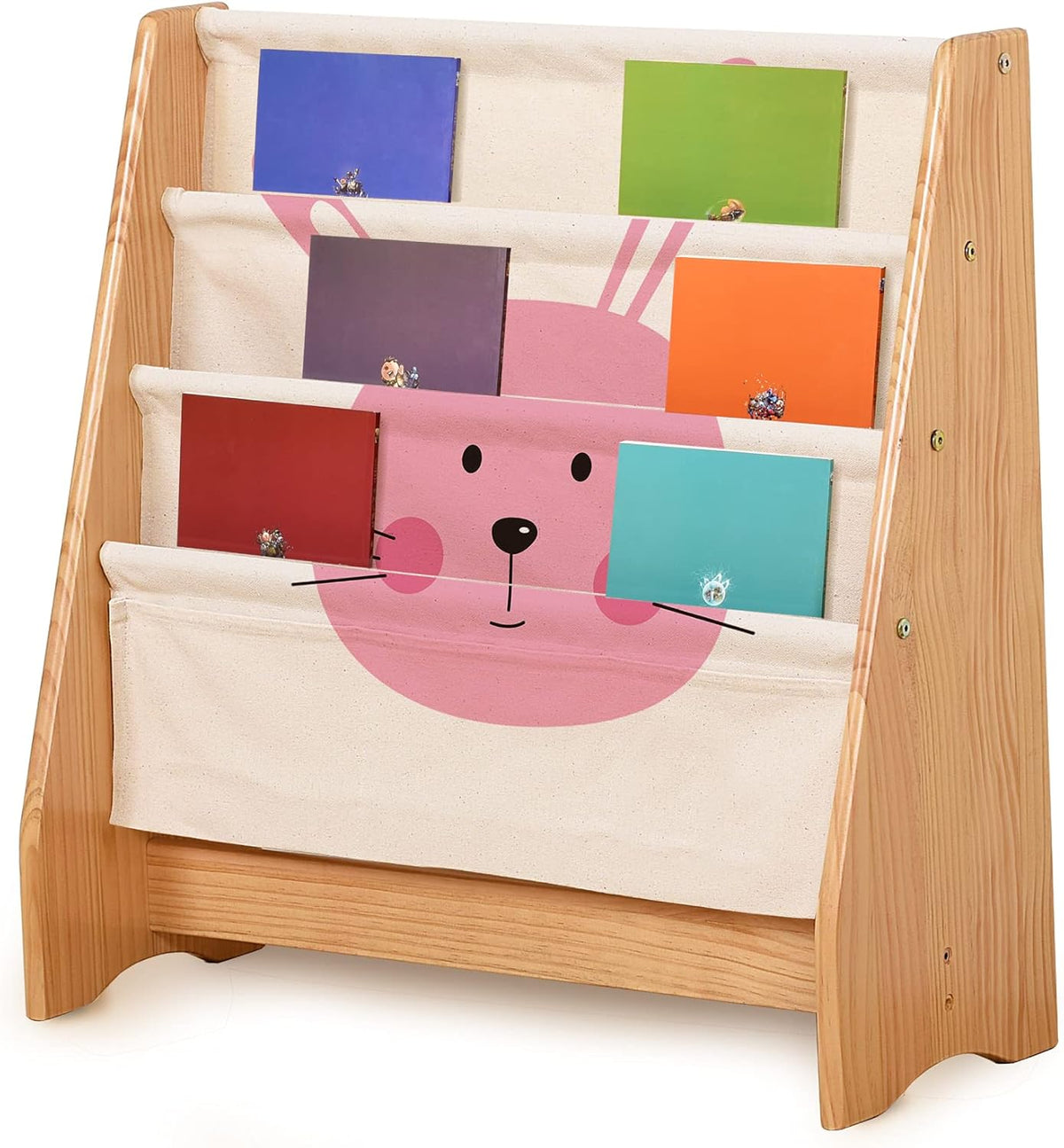 100% Natural Pine Wood Kids 3 Tier Bookcase with Stationery Pocket Y3371