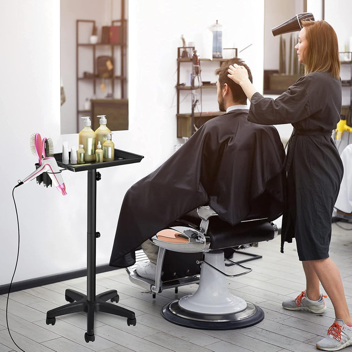 Rolling Salon Tray with 2 Cups and Metal Loop, Adjustable Height, Black K687