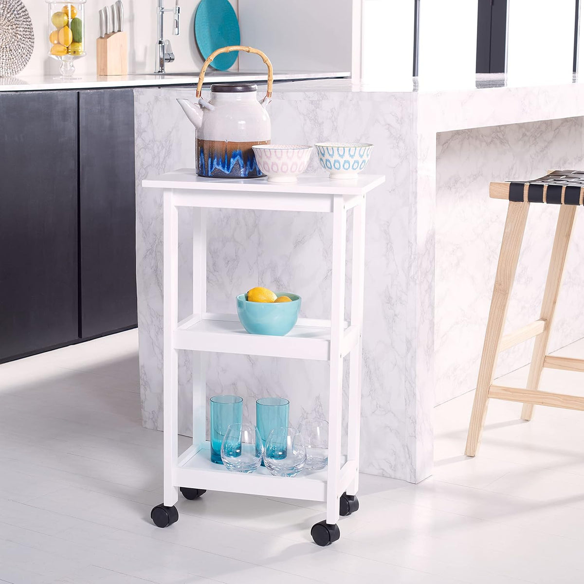 White 2-Shelf Bar Trolley with Wheels H5696