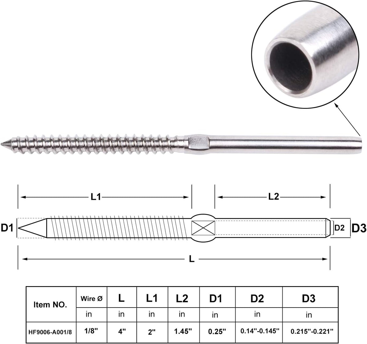 60 Pack T316 Stainless Steel Right&Left Handed Thread Swage Lag Screws C530