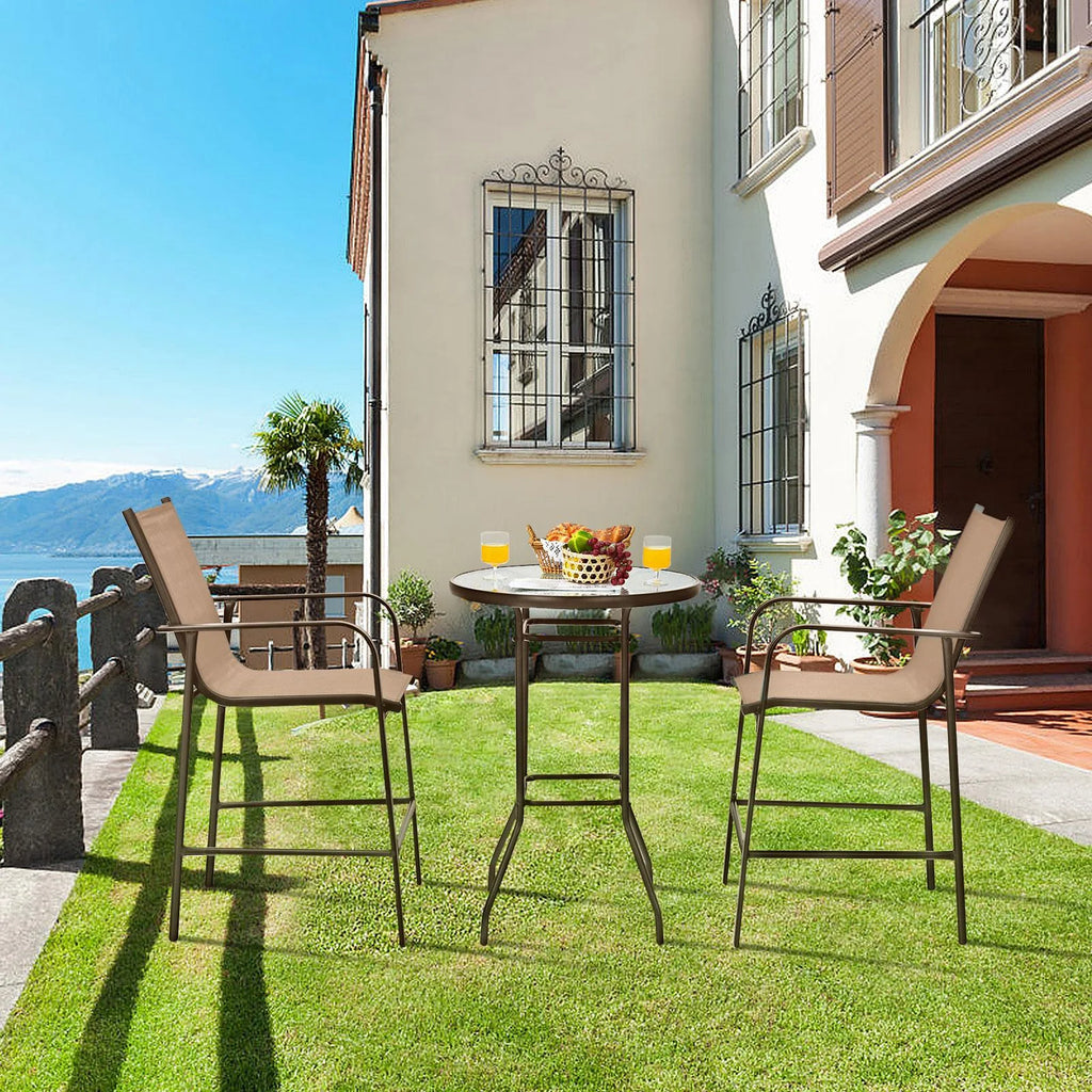 3 Pieces Outdoor Patio Bar Set with 2 Bar Stools and Tempered Glass Bar Table, Black S6439