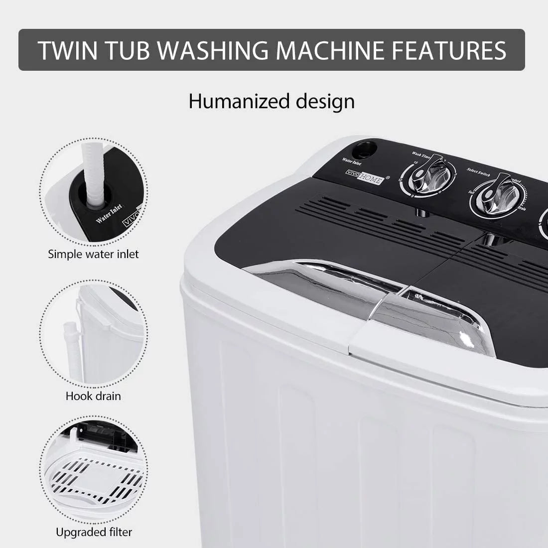 Portable Twin Tub Mini Laundry Washer and Spin Dryer Combo 13.5lbs G189988
