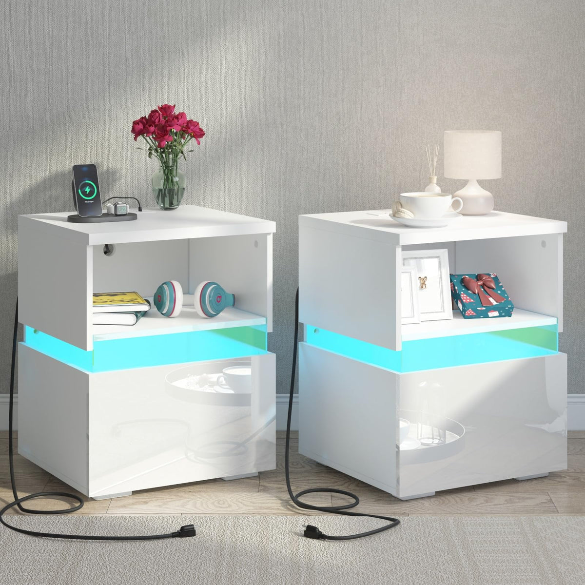Black High Gloss Nightstand Set of 2 with Charging Station G43587