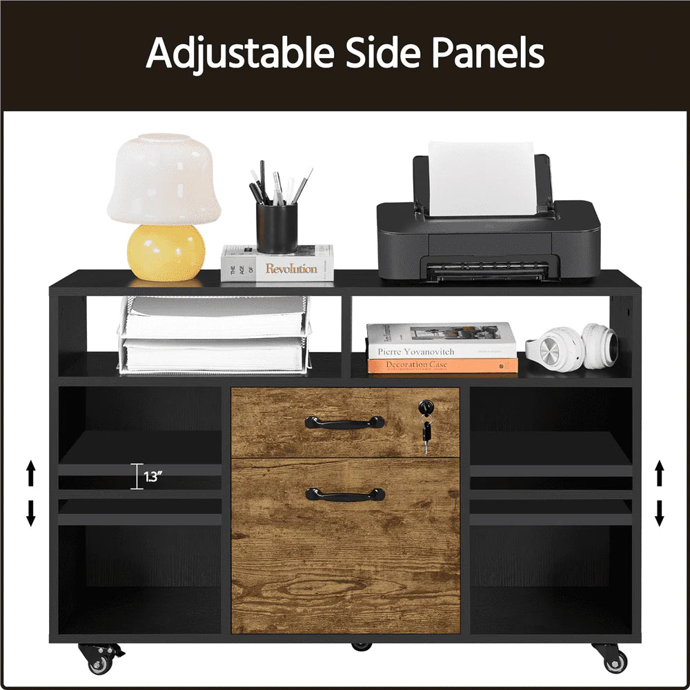 Black Rustic Brown Wooden Rolling File Cabinet with Lockable Drawer N61571