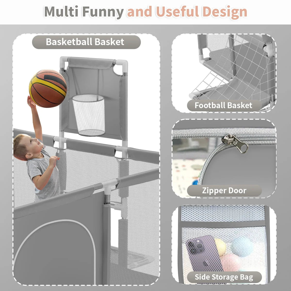 71 Inch Blue Baby Playpen with Basketball Hoop and Mesh J985